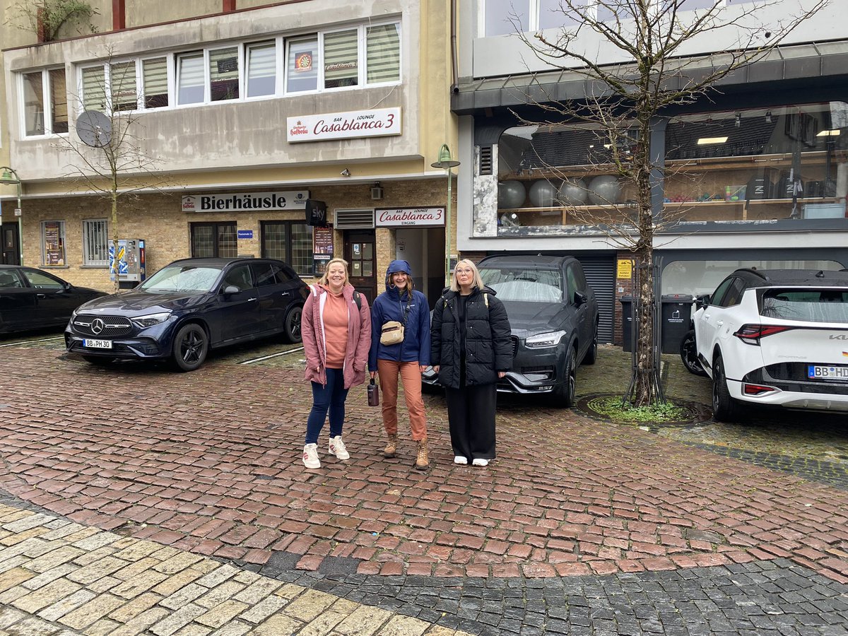 Today exchange students have taken part in lessons and explored the town (pictured: Miss Watkin, Miss Boyden and Mrs Kirkland standing on the site of the former witches tower 🧙🏻‍♀️). Bowling with partners later! 🇩🇪🇬🇧🇪🇺 <a href="/DHFSUpdate/">D H F S</a> <a href="/DHFSErasmus/">DHFSInternational</a>