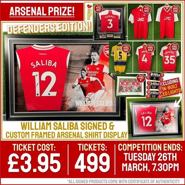 HUGE ARSENAL COMPETITION! WILLIAM SALIBA SIGNED & CUSTOM LED FRAMED ARSENAL SHIRT! (PLUS NINETEEN INSTANT WIN PRIZES!) £3.95 What a great prize Arsenal’s Rolls Royce + signed Tony Adams & Steve Bould signed shirts up for grabs as well Good luck footballprizes.co.uk/product/saliba…