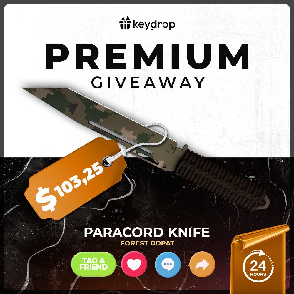 Win Paracord Knife | Forest DDPAT in JUST 3 clicks!🏆

👊 Like ❤️ the post!
🔁 Retweet! 
👥 Tag a Friend! 

⏰ Wait 24 hours! 

*Make sure you follow us 

#giveaways #signfree #freegiveaways #keydropcom