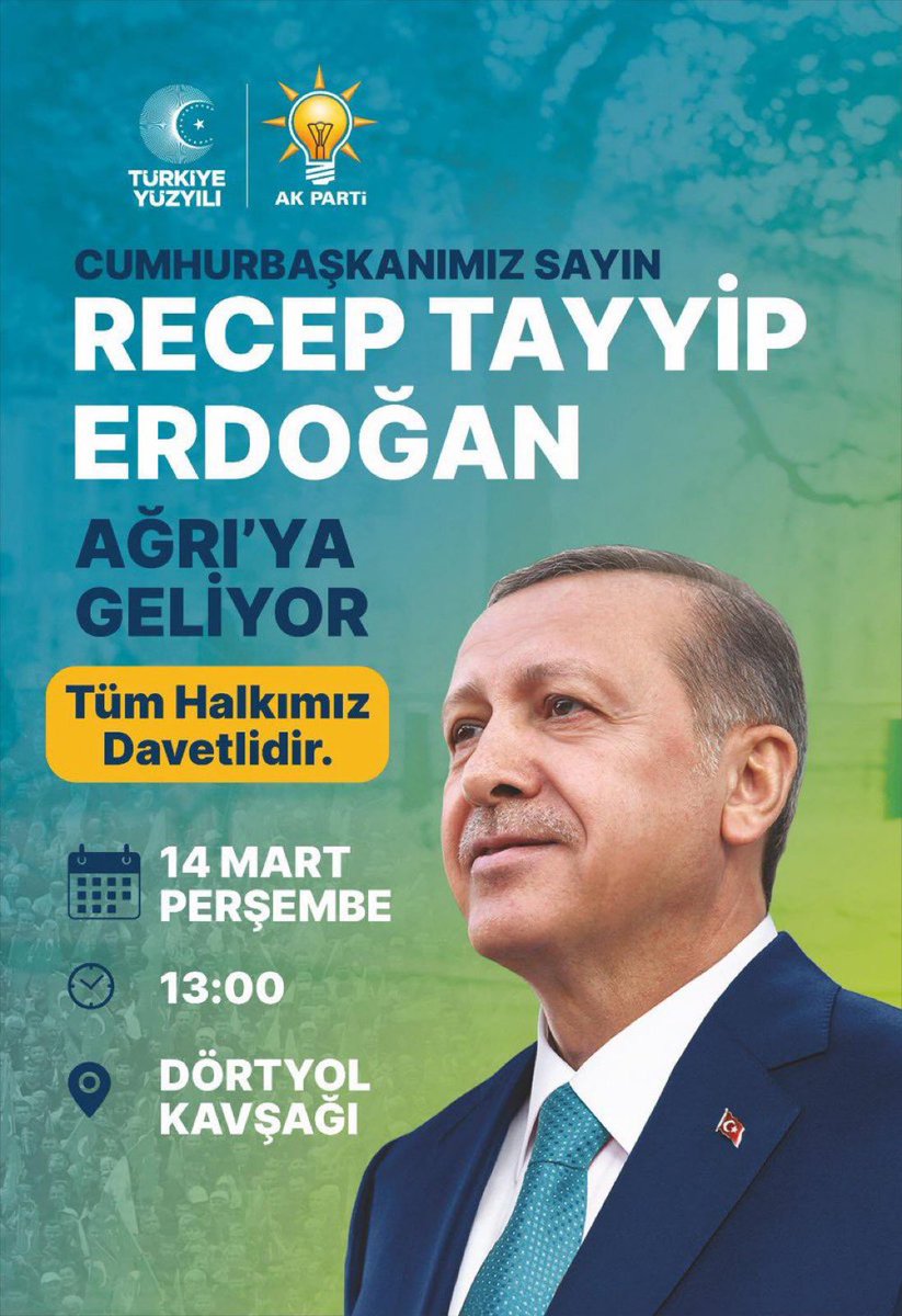 Cumhurbaşkanımız ve Genel Başkanımız Sayın Recep Tayyip Erdoğan #Ağrı'mıza geliyor. 14 Mart 2024 Perşembe günü saat 13:00; de Dörtyol Kavşağına tüm Hemşehrilerimiz davetlidir. @RTErdogan @Akparti