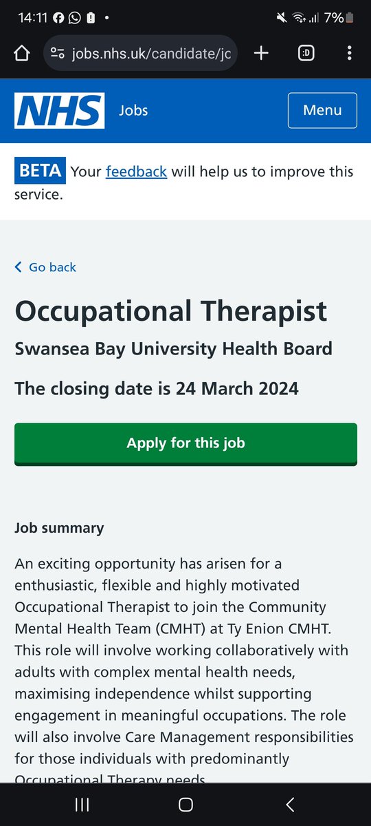 ⭐️B6 OT post in Ty Enion CMHT. Would welcome B5's to apply and can offer as B5/B6 development post if successful. Please share ⭐️ @SBUHBOT jobs.nhs.uk/candidate/joba…