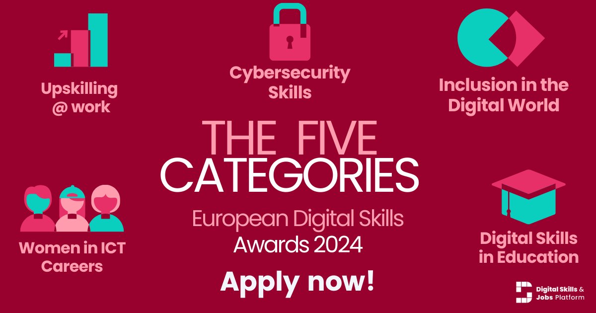 DigitalSkillsEU's tweet photo. Are you supercharging #DigitalSkills at work, in class, promoting inclusion and empowering women in the digital world, or contributing to a more cyber-secure future... we want YOU 🫵 to apply for #EDSA24!

Discover the NEW 5 categories and apply now : https://t.co/TdHTT0MJWR https://t.co/aheT448RZ7