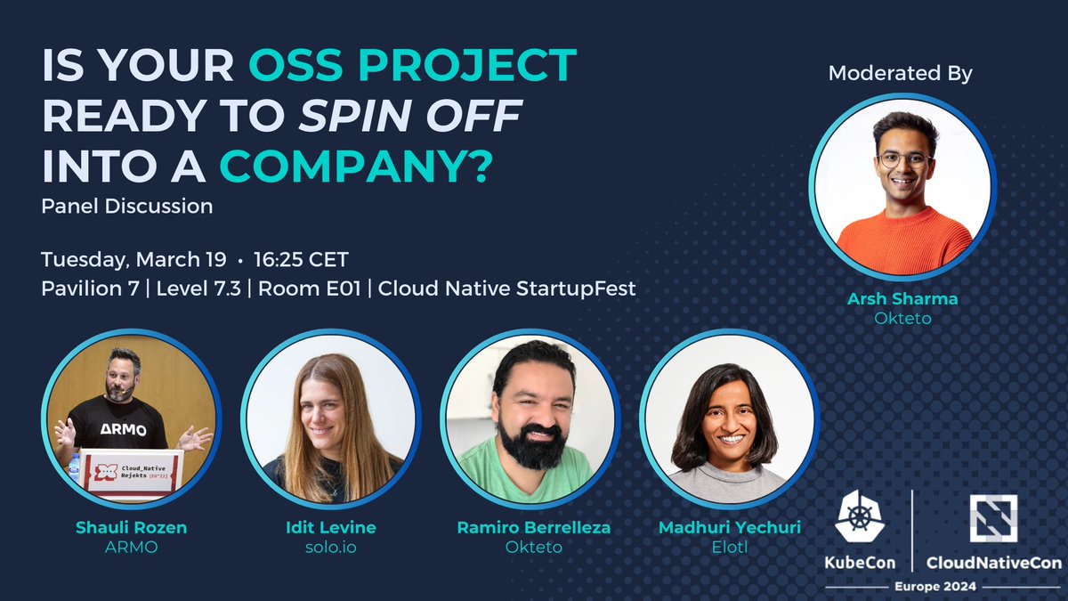 I'll be moderating a panel with <a href="/shaulir/">Shauli Rozen</a>, <a href="/Idit_Levine/">Idit Levine</a>, Madhuri, and <a href="/rberrelleza/">Ramiro Berrelleza</a> at Cloud Native StartupFest! 

Join us on Tuesday if you're attending #KubeCon!
