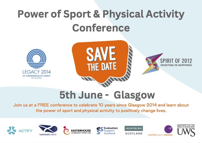SAVE THE DATE⏰ We are thrilled to announce that we will be taking part in the 'Power of Sport & Physical Activity Conference' on June 5th 2024! 👏 Stay tuned for the conference agenda and ticket release date at the end of this month. 🎟️#ChangingLivesThroughSport #Glasgow2014