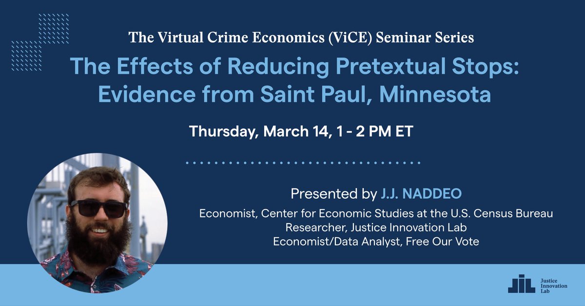 Lab4Justice's tweet photo. At this week’s Virtual Crime Economics (ViCE) Seminar Series, Economist &amp; JIL Researcher @jj_naddeo presents, “The Effects of Reducing Pretextual Stops: Evidence from Saint Paul, MN,” from 1 - 2 p.m. ET on Thursday (3/14). Register for free zoom here: https://t.co/dedyh31zTH https://t.co/3DNOBVjuPK