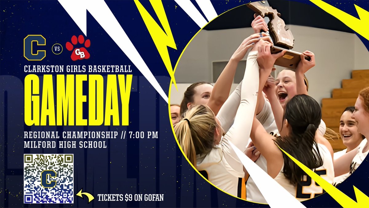 🏀 Clarkston Fans, it's game time! 🏀

Tonight at 7 PM at Milford HS, we take on Grand Blanc in the Regional Finals. We are going for our 4th Regional Title ever!! We need YOUR support. Be LOUD &amp; Be EARLY! Let's take over the gym!!

THEME: CAMO

Tix - $9 on GoFan

#GoWolves