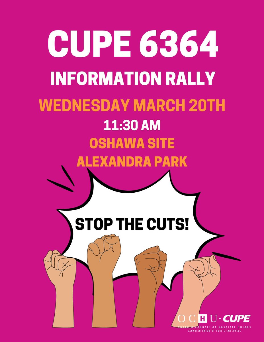 Durham Region healthcare workers need your support! Join <a href="/CUPEOntario/">CUPE Ontario</a>  6364's information rally.

When: Wednesday March 20th (11:30AM)
Where: Oshawa Site, Alexandra Park

<a href="/DurhamRegionLC/">Durham Region Labour Council</a> <a href="/OCHU_Healthcare/">OCHU/CUPE</a> 
#StopTheCuts #OnLab #OnPoli