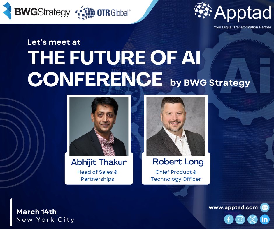 Apptad Inc (@apptadinc) on Twitter photo #Apptad is excited to attend THE FUTURE OF AI CONFERENCE in NYC on March 14th!
Join us as we explore cutting-edge AI innovations and unlock business growth.
Want to discuss AI opportunities? Let's connect!📩 contactus@apptadinc.com
#FutureOfAI #AIConference #BWGStrategyGroup #Apptad is excited to attend THE FUTURE OF AI CONFERENCE in NYC on March 14th!
Join us as we explore cutting-edge AI innovations and unlock business growth.
Want to discuss AI opportunities? Let's connect!📩 contactus@apptadinc.com
#FutureOfAI #AIConference #BWGStrategyGroup