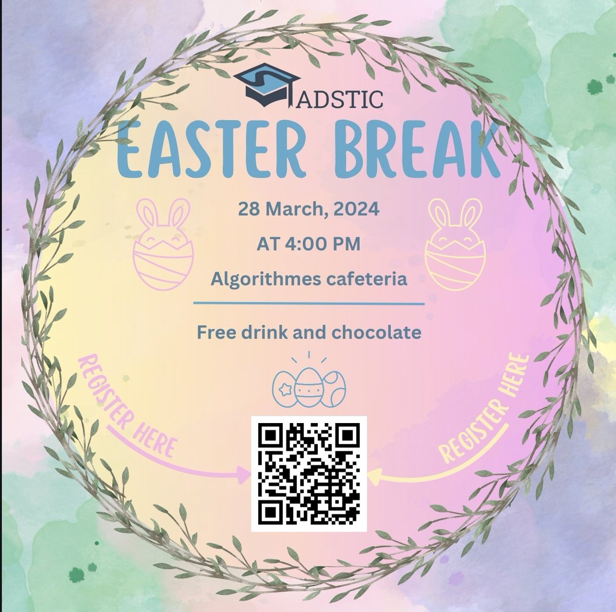 ADSTIC invite you to our Easter Break 2024 to celebrate Easter and our shared love of chocolate, on Thursday, the 28th of March 2024 starting at 4 PM at the Algorithmes cafeteria 🍫🐰 ➡️ Registration link : forms.gle/whF34iV3M7L1uq… ⚠️ End of registration : 27/03/2024 at 11 PM