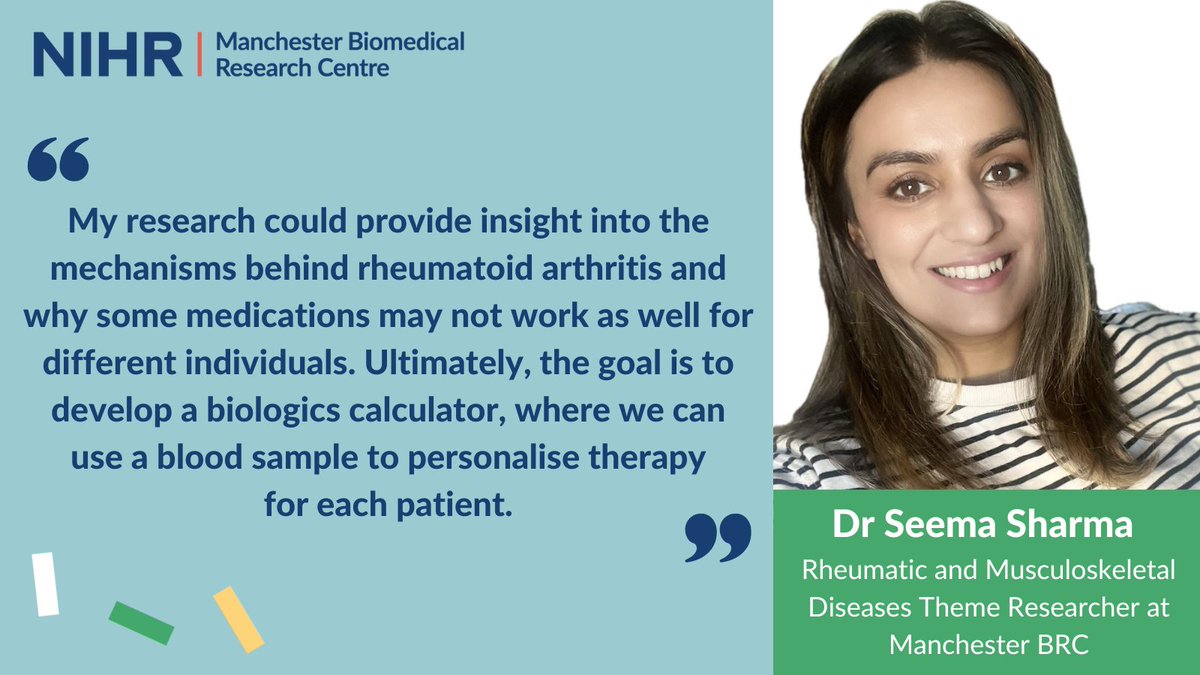 🧬 Dr Seema Sharma is exploring whether we can predict if a person with rheumatoid arthritis may respond to treatment by studying their genetics. ✍️ Find out more about this research in Dr Sharma’s article for @ArthritisDigest 👇 manchesterbrc.nihr.ac.uk/news-and-event…