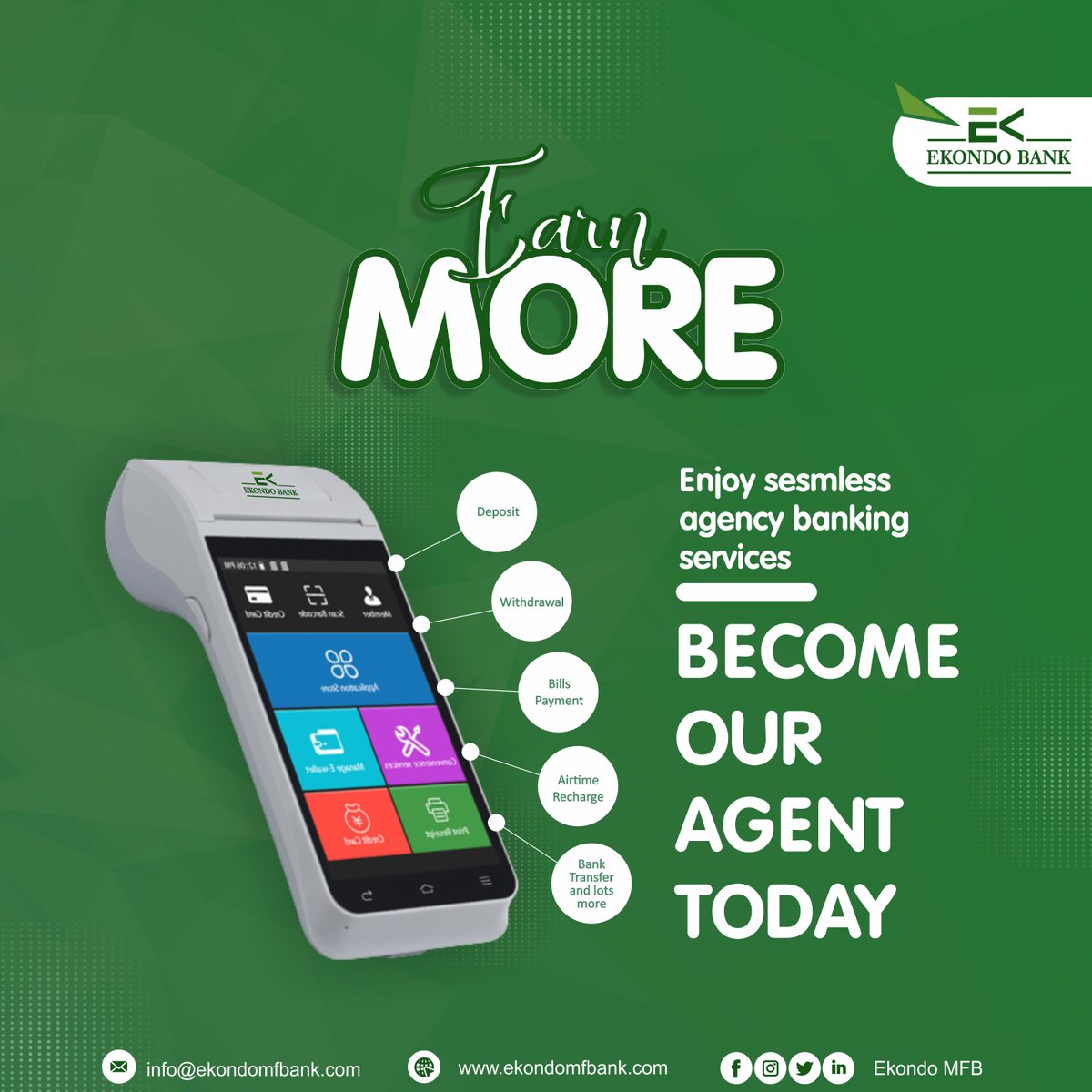 ekondomfb's tweet photo. Do you want to earn more as a POS agent?
Become our agent today.

Enjoy seamless services on:
>> Deposit
>> Withdrawal
>> Transfer
>> Bills Payment
>> Etc.

Call 07030534262 for more information

#ekondo_cares 
#digital_banking #empowerment_through_microfinancing 
#ekondomfb https://t.co/Ld0dvxZvHD