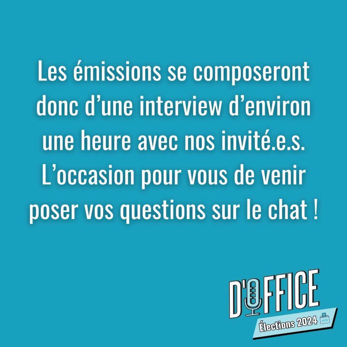 D’Office passe en mode élections ! Au cours des prochaines semaines, notre contenu sera dédié aux élections régionales, fédérales et européennes qui auront lieu en juin prochain. N’hésitez pas à nous suivre et à poser toutes vos questions ! 

#twitch #Elections2024 #belgique