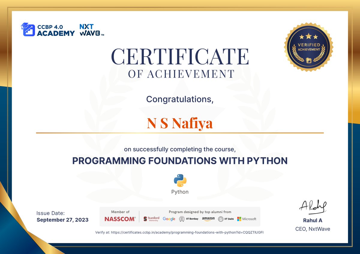 NSNafiya1's tweet photo. Hello, Connections,

I am so glad that I have received a #Python completion certificate from NxtWave.

#python #nxtwave #ccbpacademy https://t.co/EQDkThVy6O