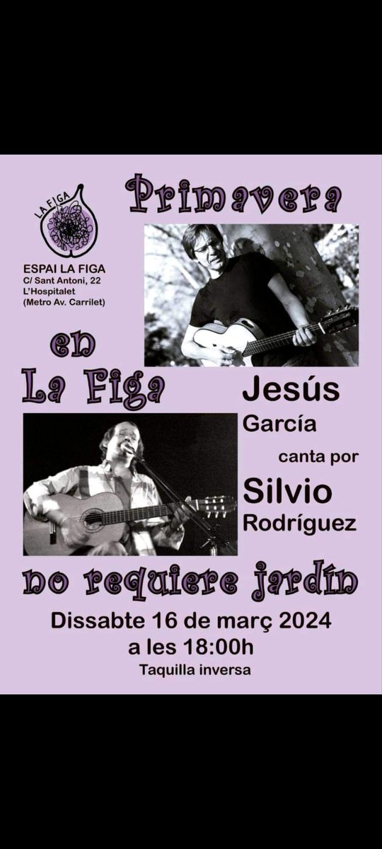 📢 Reserveu data!

👉16/03 concert homenatge a Silvio Rodríguez, per Jesús García🎶🎸.
⏰18:00

#FemCultura #FemBarri