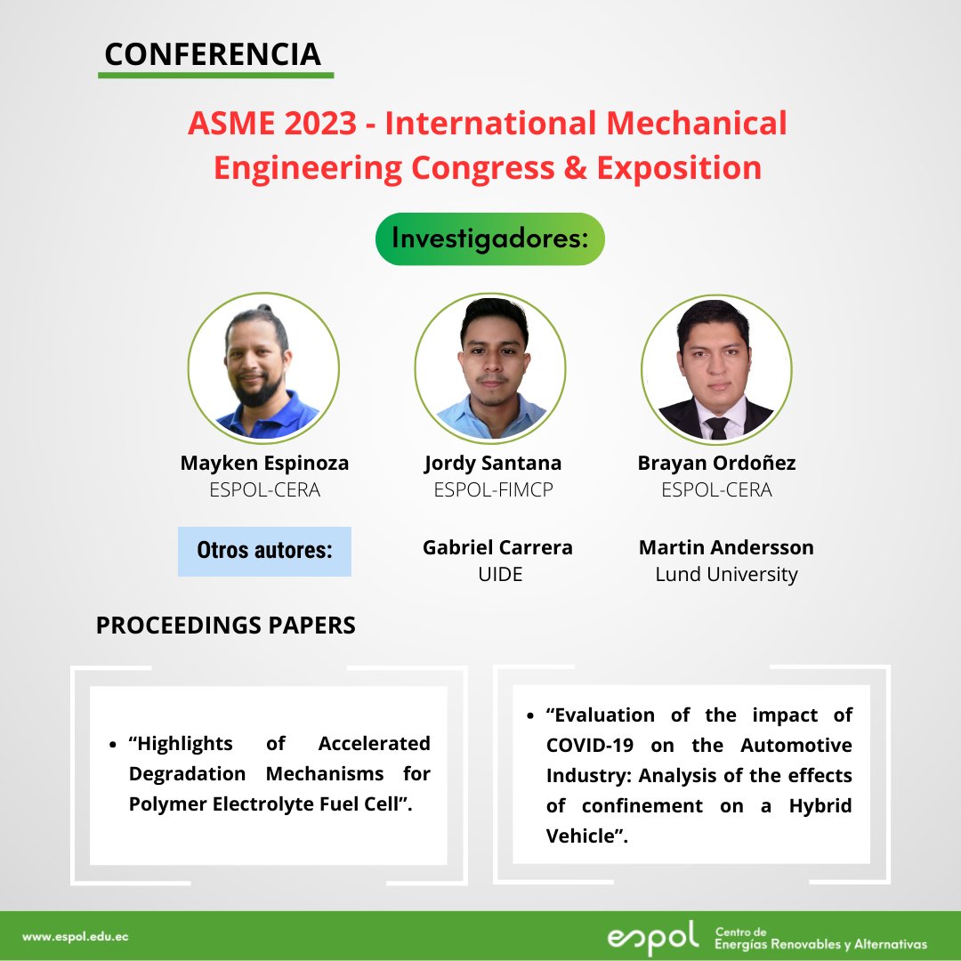 Felicitamos a <a href="/maus_s/">Mayken Espinoza-Andaluz ⚛</a>, <a href="/jorasant1/">Jordy SV</a> y <a href="/briangabriel07/">Brayan Ordóñez</a> por sus dos papers presentados en el evento International "Mechanical Engineering Congress and Exposition, ASME 2023", el cual tuvo lugar en New Orleans, USA.
🔗Más información: 
bit.ly/Polymercell
bit.ly/Hybridvehicle