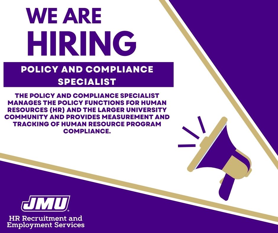 JMUJobs's tweet image. JMU is currently accepting applications for a Policy and Compliance Specialist! Apply now for this opportunity: jobs.jmu.edu/jobs/policy-an… #JMU #Jobs #JMUJobs #NowHiring #JamesMadisonUniversity #HRJobs #PolicyJobs