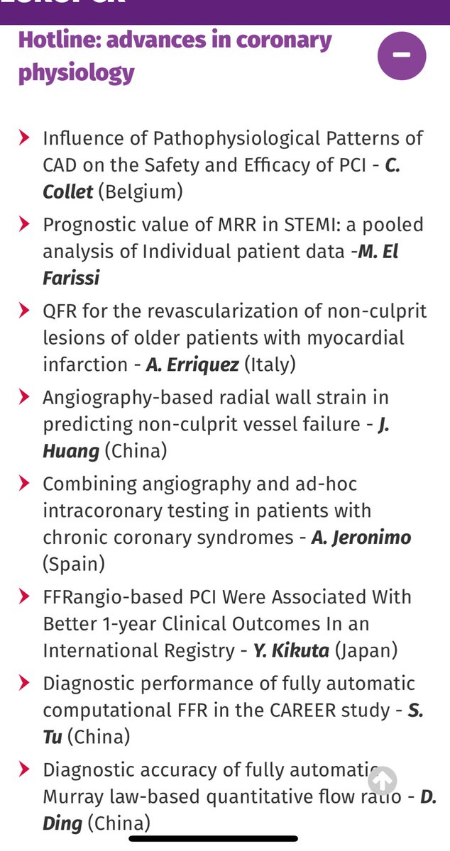 #CoronaryPhysiology
#IntravascularImaging
#EuroPCR 2024
#LateBreakingscience

BUSY  E U R O P C R  🇫🇷

🔥 Diffuse vs focal

🔥 MRR in STEMI

🔥 FAME 3 CABG vs PCI cost

🔥 ORBITA2 symptoms

🔥 REVIVED-BCIS complete revasc

🔥 CALIPSO OCT calcium

🔥 Angio-based FFR
…

👇