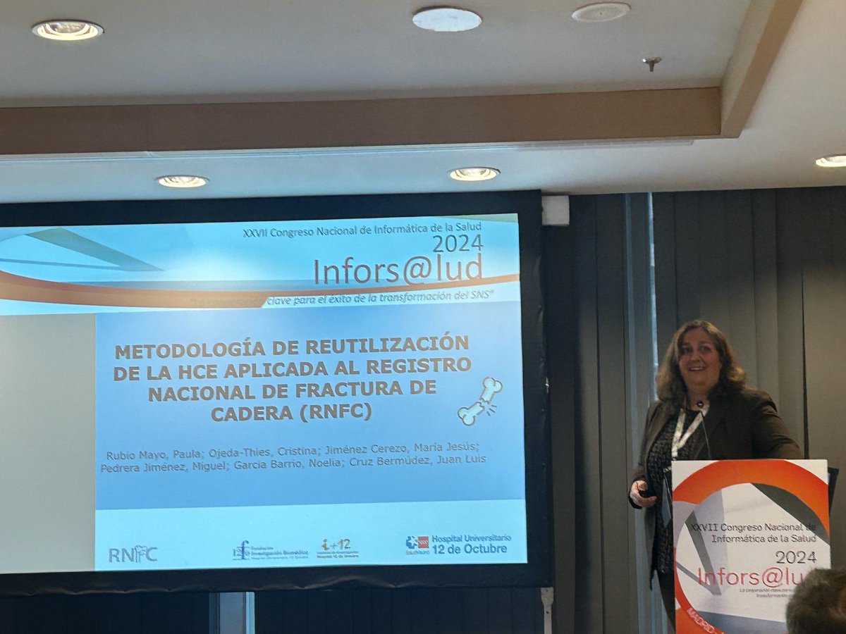 Ponencia representando a Paula Rubio, magnífica bioingeniera del equipo de @DataDoce y @jotaelecruz, en el congreso #Inforsalud24 @Inforsalud. Sobre #ETL de la HCE y prescripción electrónica al RedCap del @RNFCadera. Permite auditar procesos aliviando carga documental a clínicos.