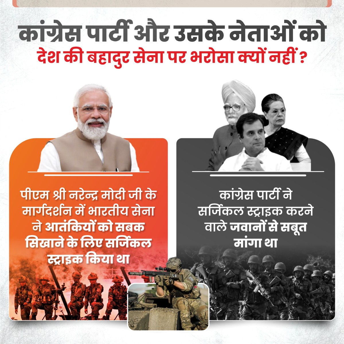 देश की जनता पूछ रही है... 

 कांग्रेस पार्टी सेना की बहादुरी पर सवाल उठाकर उनका अपमान क्यों करती है?