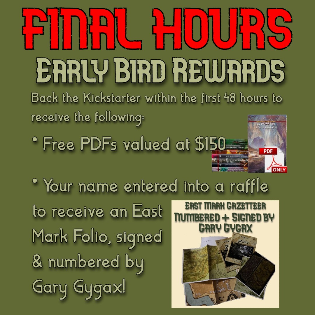 trolllordgames's tweet photo. We are in the FINAL HOURS for our Early Bird Rewards on Kickstarter! Back the project before 10am CST today to receive all 7 original World Builder volumes as they appeared in 2008, and to have your name added to a historic raffle!

Sign Up Here: https://t.co/6bJyzn8yln
#garygyax https://t.co/7YPBRIsDRr
