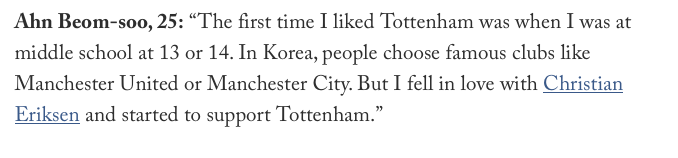 Great piece on S. Korean Spurs fans. Turns out if you actually ask S. Korean Spurs fans how they came to support Spurs, instead of judging them by what they look like in the stadium, you get actual answers: