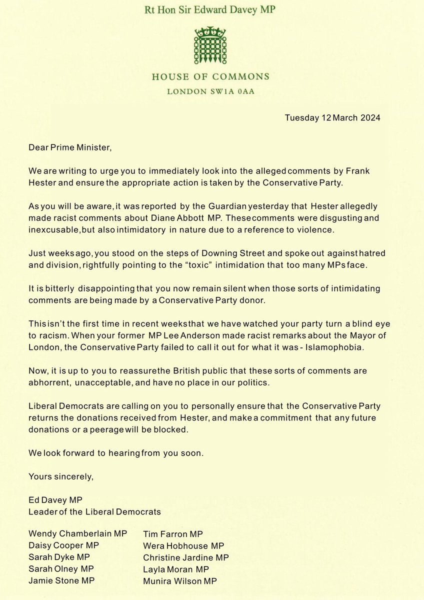 The @LibDems parliamentarians have written to the prime minister about the £10m Donation and the racist comments and threats to shoot a sitting Member of parliament. @LDCRE1 say this is racist and shocking in equal measure. #giveitback #GeneralElectionN0W