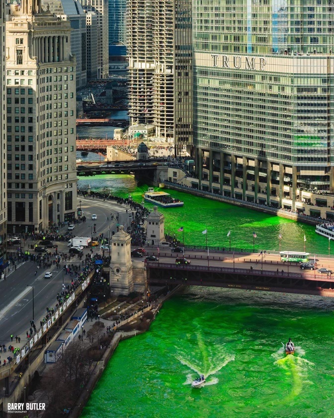 I live in Chicago. They dye the River green every year for St Patrick’s  Day.  They just dyed it for the weekend festivities! A view from my place. #chicago #stpatricksday #irish #chicagoirish #green #eringobraugh #chicagoriver