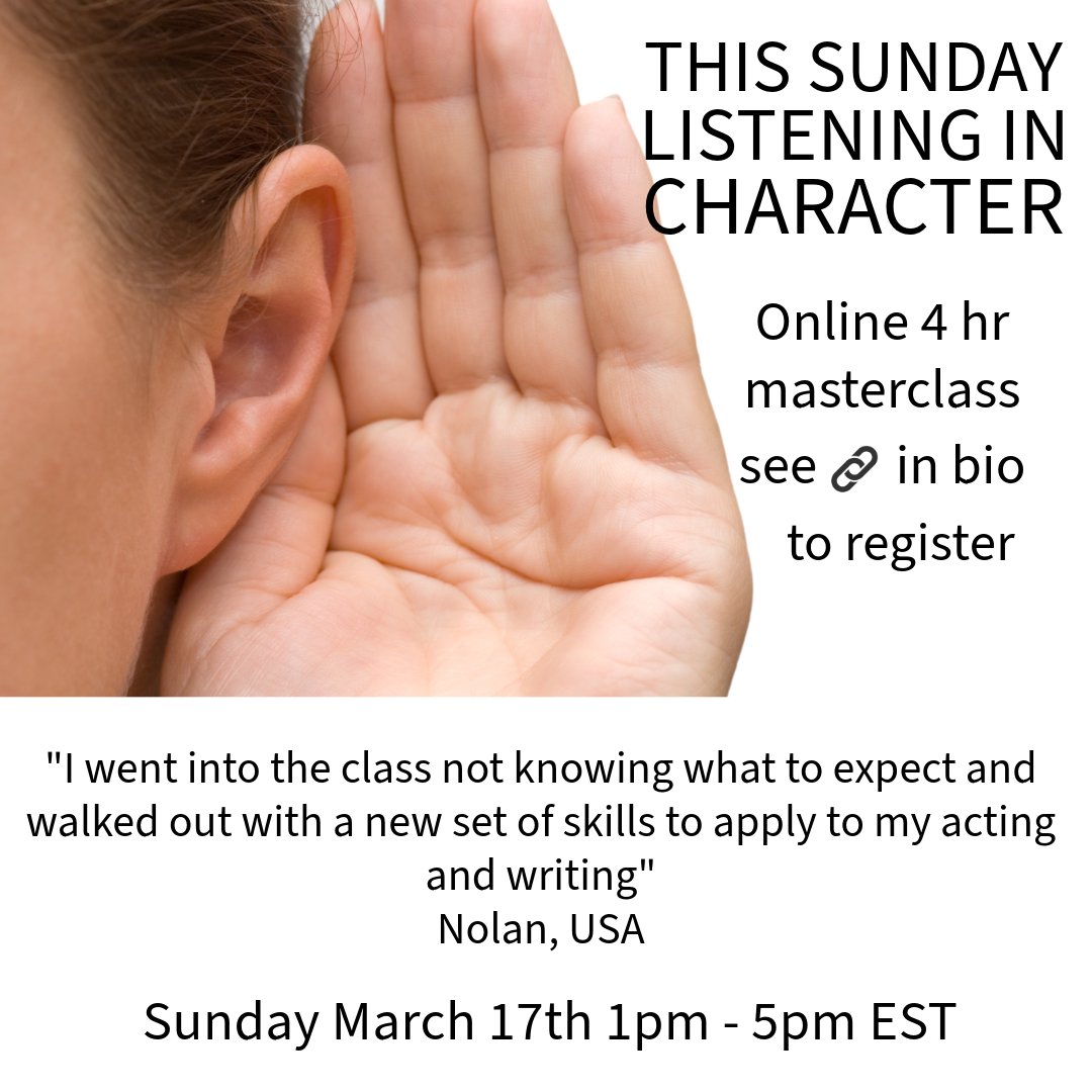 The last chance to join this revelatory session on how to listen in character.

Learn tools that you can quickly apply to your work that will make listening a part of every second that you are in shot helping to tell the story, reveal more about the character and relationships..!