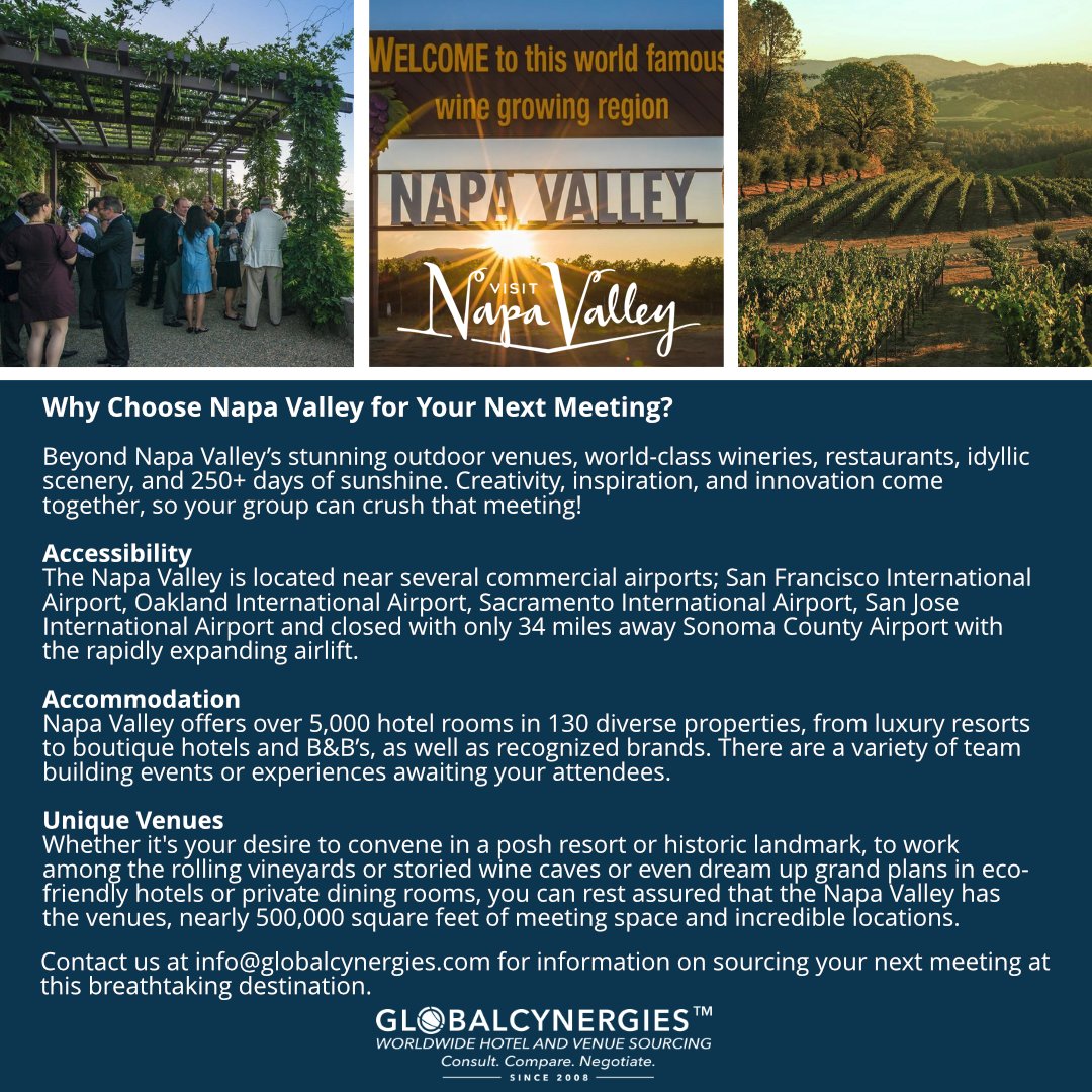 Contact us at info@globalcynergies.com for information on sourcing your next meeting at this breathtaking destination. @VisitNapaValley #GCPreferredPartner #NapaValley #TryGlobalCynergies #venuesourcing #corporateevents #eventlocations