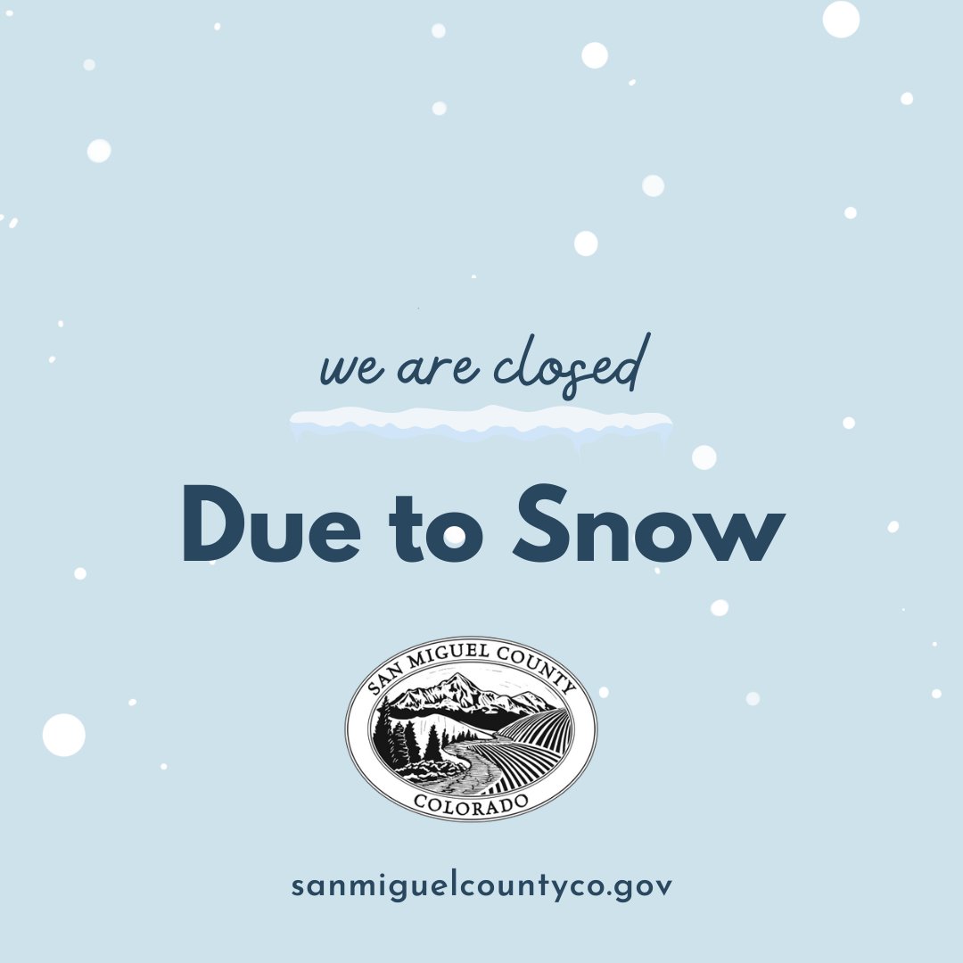 In accordance with county policy aligning closures of the Telluride R-1 School District and our Telluride offices, county employees have been given the option to work remotely today. 
Today's Board of County Commissioners meeting will take place as scheduled via Zoom only.