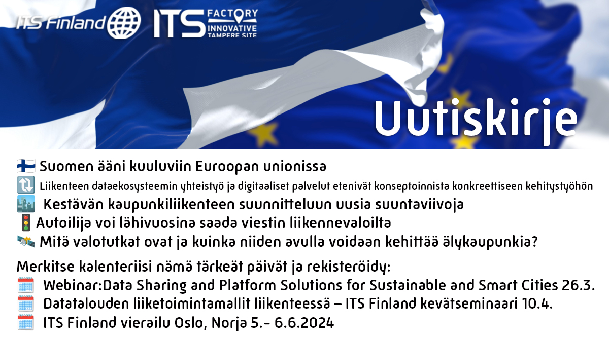📢 ITS Finland &amp; Factoryn tuore uutiskirje on ilmestynyt bittiavaruudesta🚀 
🇫🇮Suomen ääni kuuluviin Euroopan unionissa 🇪🇺
Liity matkaamme kohti innovatiivisempaa liikkumista!
Lue uutiskirje 👉🔗 tinyurl.com/ITSF-Uutiskirj…
#ITSFinland #Älykaupungit #KestäväLiikenne <a href="/ITSFactory/">ITS Factory</a>