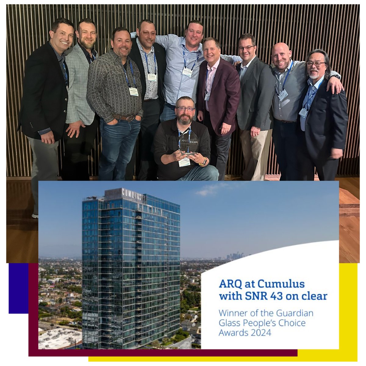 Congratulations to Guardian Glass People's Choice Award winner ARQ at Cumulus in L.A. Great work from our Quest, SLS, & WIS teams, as well as everyone else involved. Thanks to those who helped celebrate the win with us on stage, including our partners at BV Glazing Systems.
