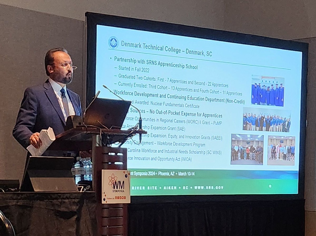 DenmarkTechSC's tweet photo. This week, Dr. Hamid, our Assistant Vice President of Industrial Related Technologies and Workforce, represented DTC at the WM2024 Conference in Phoenix, AZ, presenting on strategies for workforce development with the team from SRS, SRNS, Aiken Tech & Augusta Tech. #forgingonward https://t.co/8iUAwR9mDE