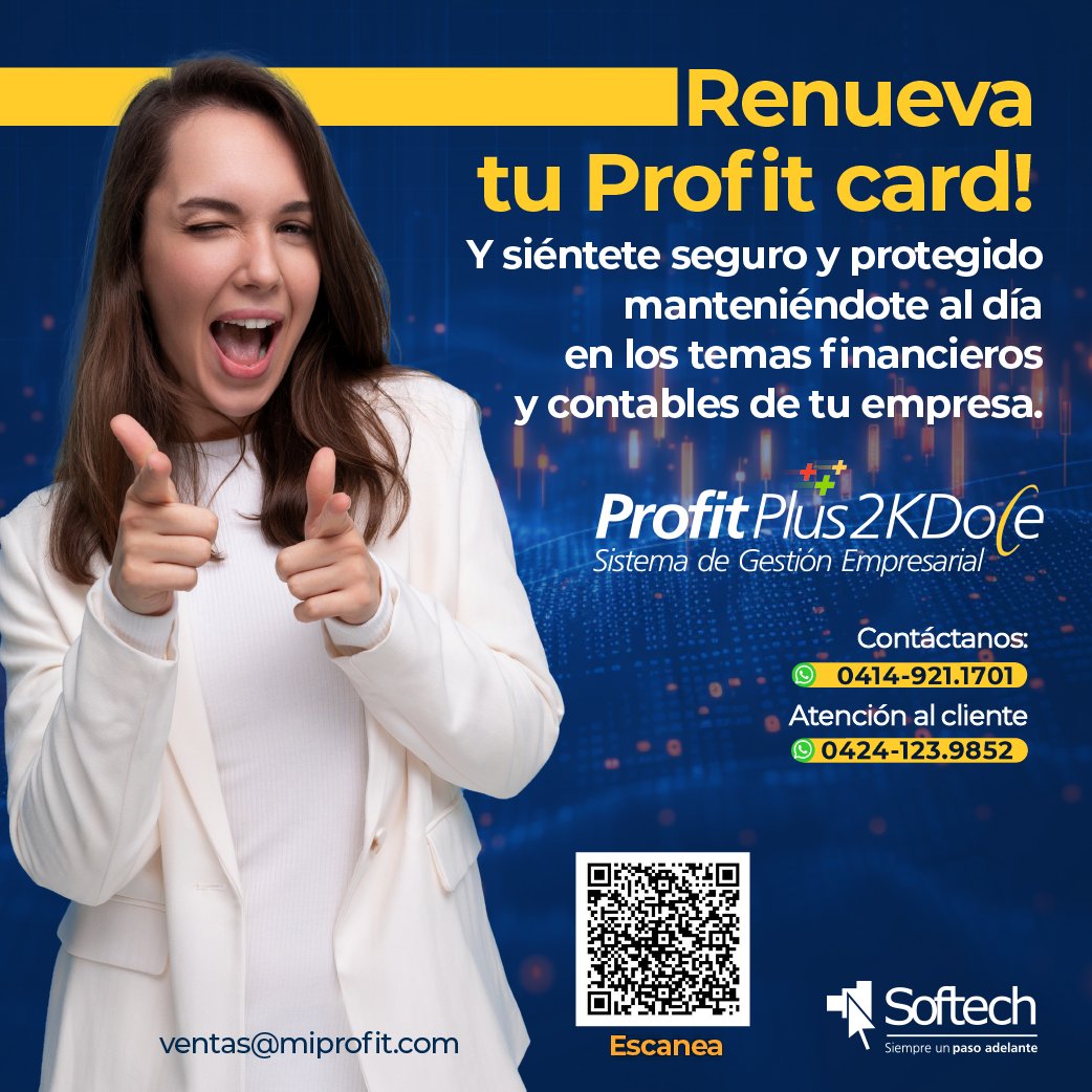 MiProfit's tweet image. ¿Necesitas soporte técnico de nuestro equipo?

Recuerda tener tu ProfitCard al día para brindarte la mejor atención personalizada.

¡Renueva tu #ProfitCard ahora! Y obtén la ayuda necesaria para tener al día tu #ProfitPlus2KDoce.

Con Softech, mantente siempre ¡un paso adelante!
