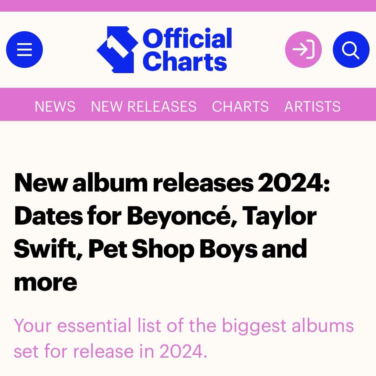 alissascinema's tweet image. UK’s Official Charts website includes Harry Styles on their list of the biggest 2024 releases, under the “to be announced” category❗️
