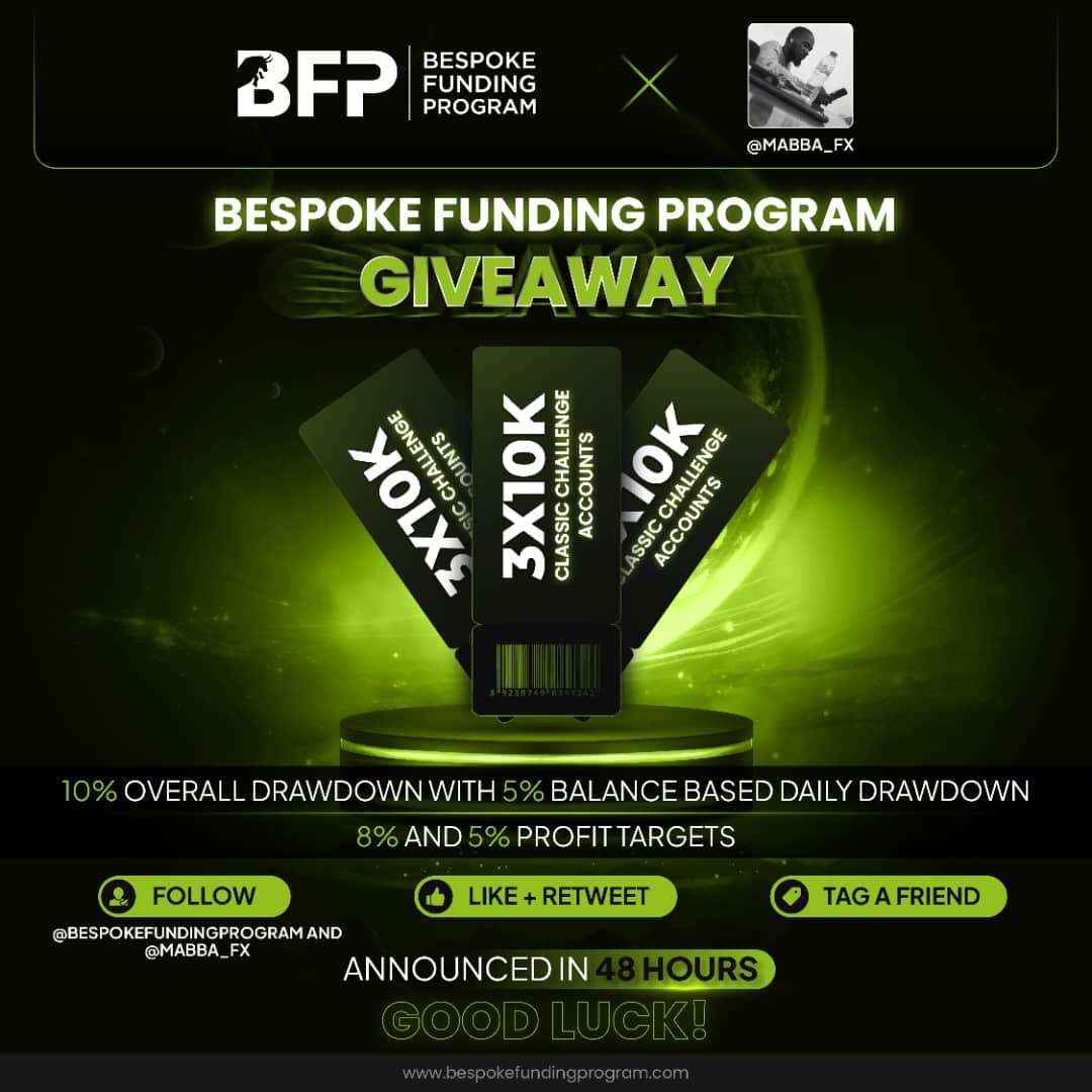 MAbba_FX's tweet photo. 📢📢 GIVEAWAY TIME📢📢

3X 10K Challenge accounts by Bespoke

To participate, 

1. Must be following: 
@MAbba_FX and @Bespoke_Funding 

2. Like and repost 

3. Tag 4 traders 

4. Join Discord with proof 
https://t.co/fsCB3ETtWH

Ends in 48hrs https://t.co/NbphRlf6WX