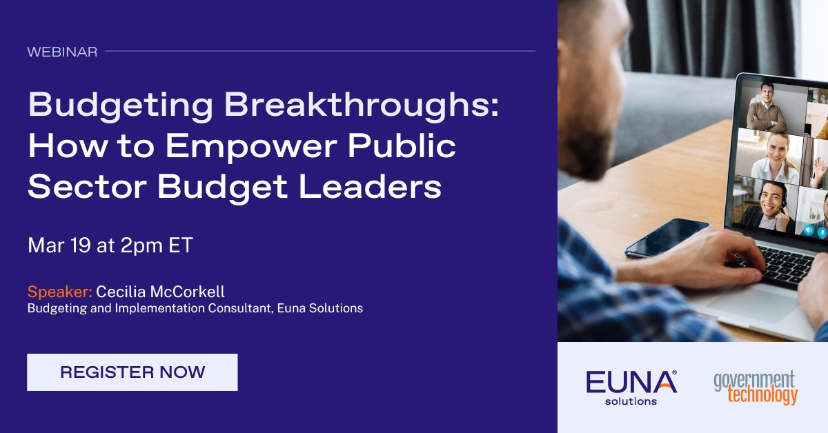 Euna Solutions (@eunasolutions) on Twitter photo Join our webinar in partnership with <a href="/govtechnews/">govtechnews</a> on March 19 at 2 PM EST, as we explore new strategies to support and develop the public sector budget workforce.
Register here: bit.ly/3Tu3lJM Join our webinar in partnership with <a href="/govtechnews/">govtechnews</a> on March 19 at 2 PM EST, as we explore new strategies to support and develop the public sector budget workforce.
Register here: bit.ly/3Tu3lJM
