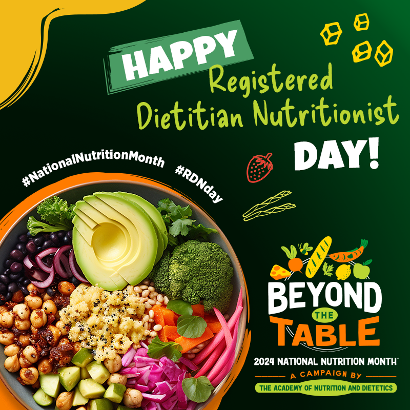RDNutritionCA's tweet photo. Registered Dietitian Nutritionist Day is March 13!

Let's celebrate and thank those who help Americans and people around the world live healthier lives through nutrition: https://t.co/oB4JJw8IUx

#NationalNutritionMonth #RDNday https://t.co/bql58bBSq5