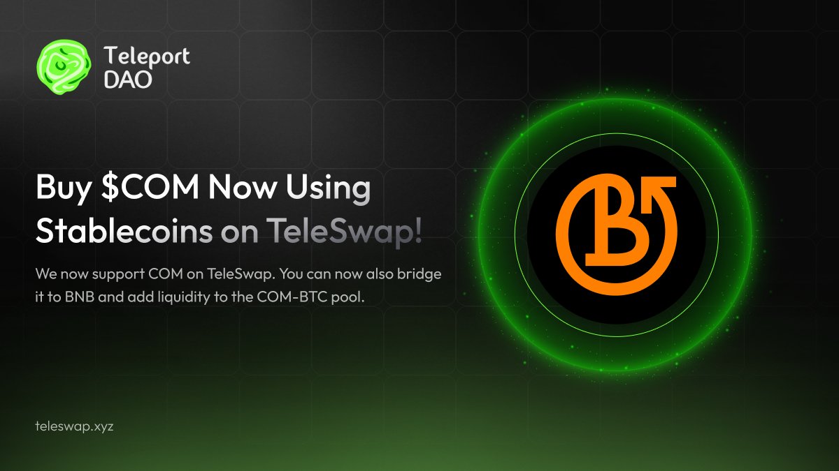 Buy $COM now using stablecoins on TeleSwap! ⚡️ We are delighted to announce that we now support @BRC20com on TeleSwap. You can now also bridge it to BNB and add liquidity to the COM-BTC pool🔄 Buy $COM with $USDC, $USDT, and $BNB now here: app.teleswap.xyz/trade