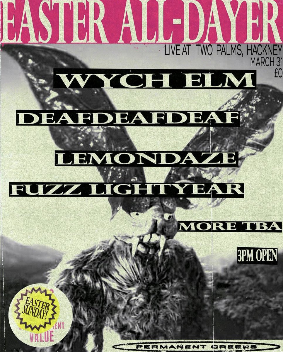 we’re completely thrilled to be headlining the @permanentcreeps easter show at @twopalmshackney on the 31st of march !!! some of our favourite bands such as @deafdeafdeaff and @lemondazeband will be there too !! ⚔️⚔️⚔️ free tickets link.dice.fm/oaecdbb15277