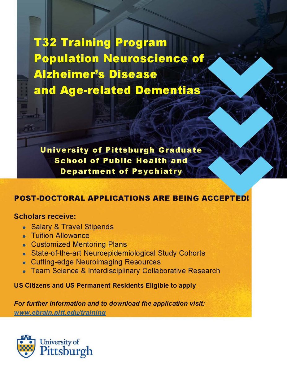 Join our T32 #PopulationNeuroscience program at @PittTweet to train as a postdoc in Alzheimer's research. Gain expertise, conduct critical research, and lead interdisciplinary teams. Your role is essential. Apply now: ebrain.pitt.edu/training/
