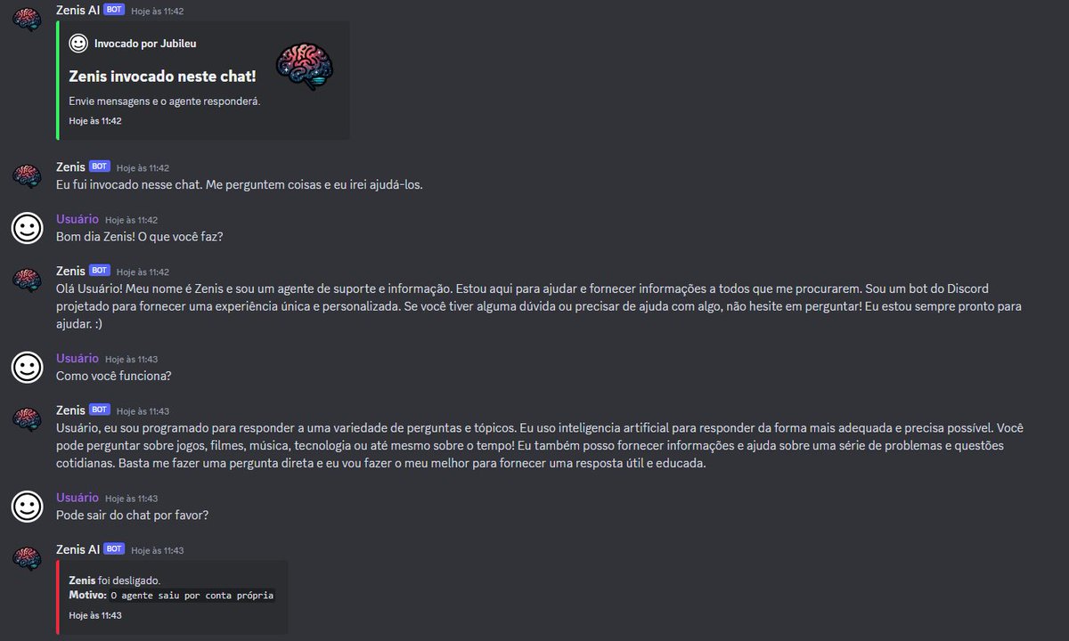 Jubileu_t's tweet image. 🧠 Anunciando 𝗭𝗲𝗻𝗶𝘀𝗔𝗜.
- Tenha infinitos agentes de inteligência artificial para você interagir em seu servidor do Discord! 

Zenis usa AI para invocar agentes conversáveis no seu servidor. Crie agentes divertidos, inteligentes, informativos e úteis!

[+]