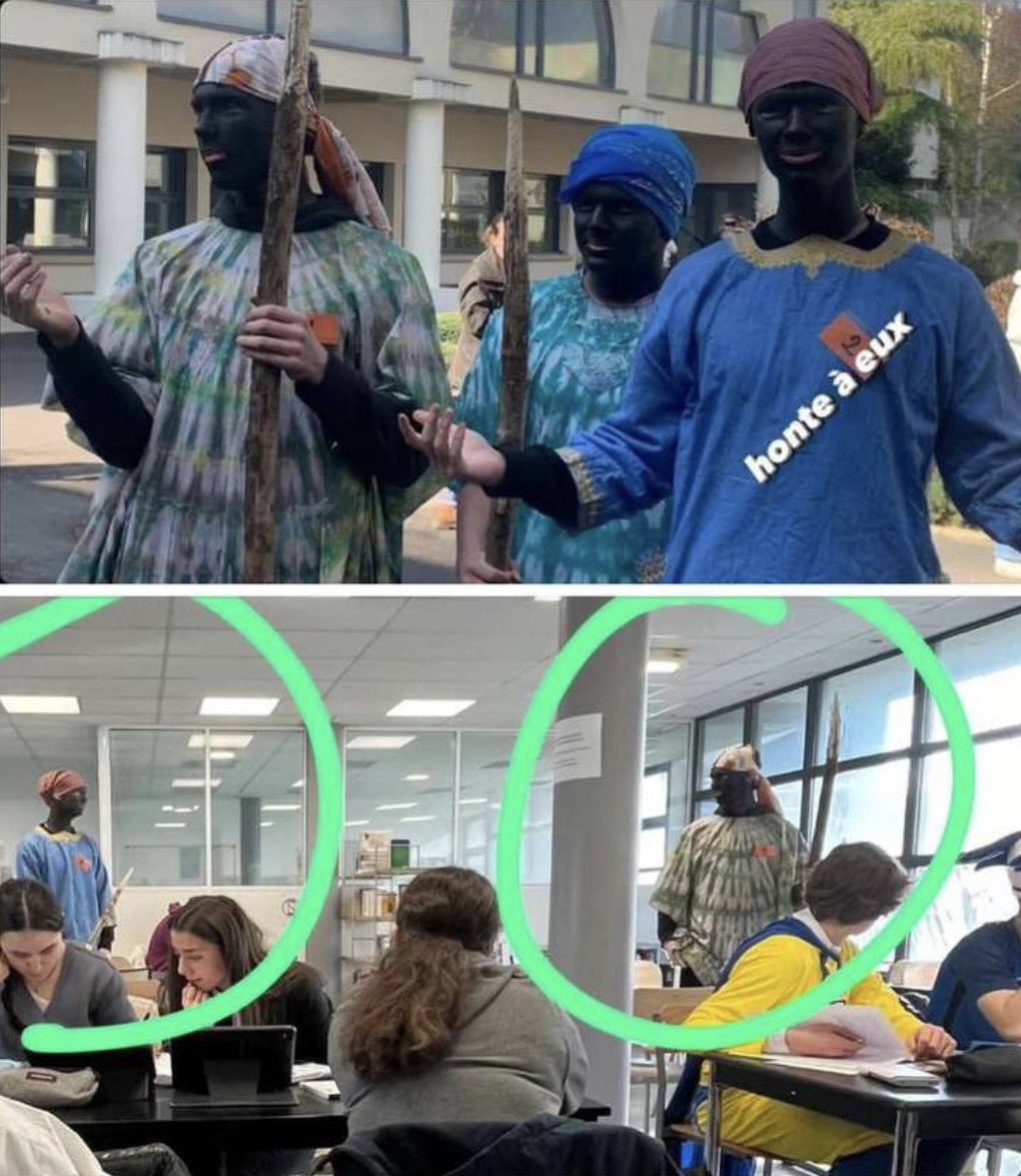 🔴#BLACKFACE : En #France 🇫🇷, Des élèves d’un lycée catholique privé de La Ferté-sous-Jouarre ont peint leur visage en noir pour le carnaval, portaient des lances en bois et de longues robes, et « imitaient des cris de singe ». La direction de l’établissement ne condamne pas