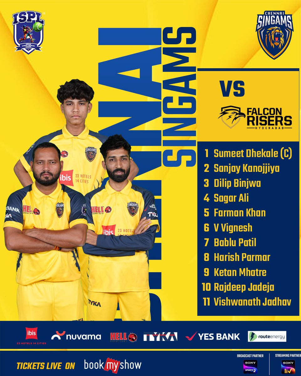 Our playing 11 for this anticipated match against the #FalconsofHyderabad🔥🦁 Let’s go #SingamSquad 💛 @Suriya_offl #ChennaiSingams #ISPL #Street2Stadium #isplT10 #NewT10Era #EvoluT10n #ZindagiBadalLo #GullyCricket #SuriyaSivakumar #TervaiAlunkal #PrideOfTheSouth