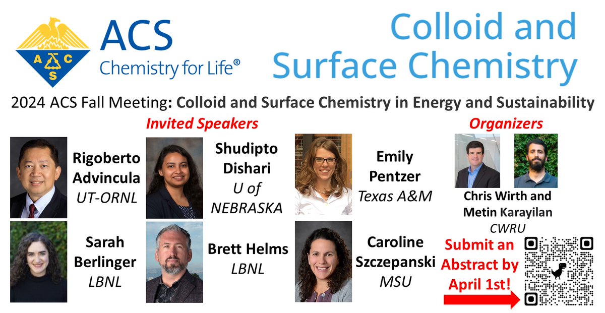 Abstract submission is now open for #ACSfall24! We're organizing a session on Colloid and Surface Chemistry in #Energy and #Sustainability with a wonderful slate of invited speakers. Please consider submitting to this session in the #Colloids Division. callforabstracts.acs.org/acsfall2024/CO…