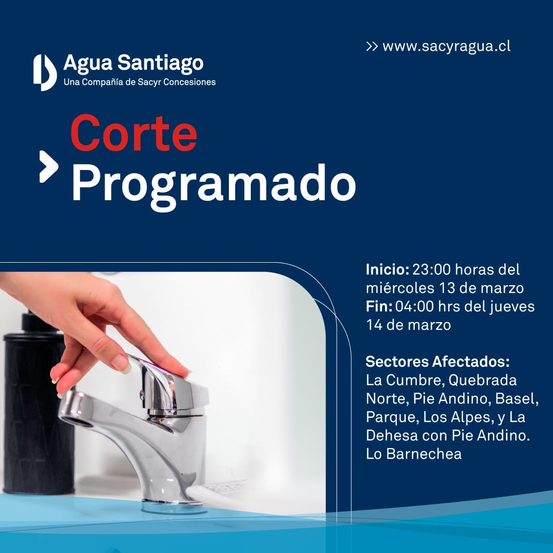 ¡ATENCIÓN! 📣 CORTE DE AGUA PROGRAMADO🚰🕜 23:00 hrs. del 13 marzo 4:00 hrs. del 14 de marzo 📍En sector de La Cumbre, Quebrada Norte, Pie Andino, Basel, Parque, Los Alpes, La Dehesa con Pie Andino. #CorteDeAgua #Agua #CorteProgramado #ATENCION