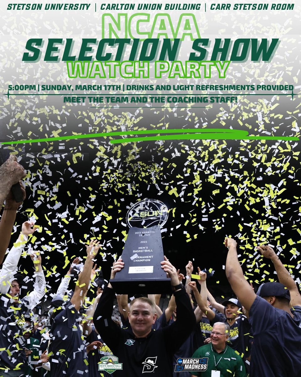 StetsonHatters's tweet photo. Come watch history with the Hatters. 

Join us for our very first NCAA Selection Show Watch Party‼️

📍Warren Carr Stetson Room 
🗓️ Sunday, March 17th
⏰ 5:00 - 7:00 PM

#GoHatters | #AllHats | @StetsonMBB | @StetsonU https://t.co/MXLpzbKSzi