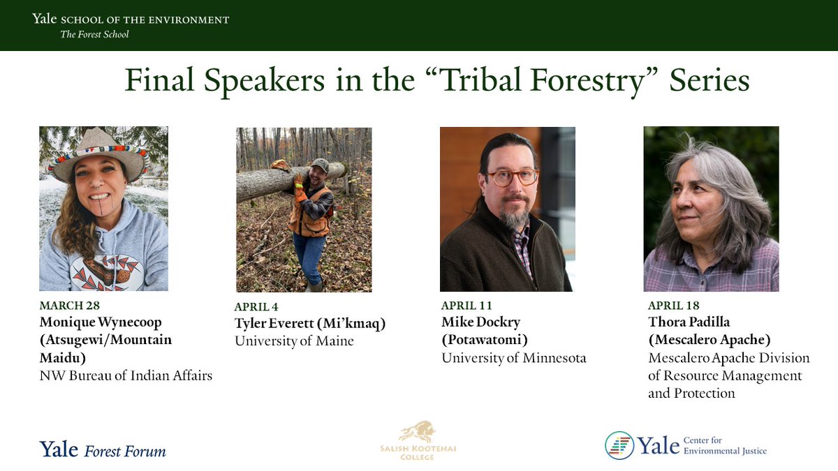 Reminder! No #YaleForestForum speaker today because we are on spring break. Join us on Thursday, March 28 at 12pm ET for our next speaker, Monique Wynecoop of the NW @BureauIndAffrs. yff.yale.edu/speaker-series…