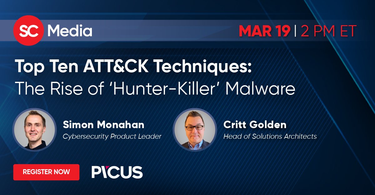 SCMagazine: We are thrilled to unveil insights from @PicusSecurity's latest research! Save the date: Mar 19 for our webinar, where we'll explore the top 10 attacker techniques, including the emergence of evasive 'Hunter-killer' #malware. Register now: …