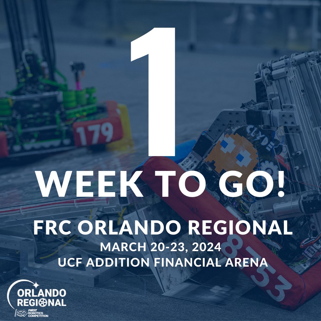 🤖Just 1 week until the FIRST Robotics Orlando Regional kicks off! Get ready to witness the excitement, innovation, and teamwork as teams from all around the world converge to showcase their robotics skills. Who's counting down with us? #OMGRobots #OrlandoFRC #FIRSTRobotics